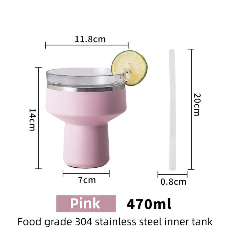 Pink 470ML Stainless Steel Martini Tumbler Cup with 360°Salt & Sip Lid, Internal Markers and Straw - Double Wall Vacuum Insulated Drink Cup for Coffee Cocktails Cold Drinks and Outdoor Use