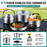 3-Piece Food Grade Stainless Steel Camping Cookware Set with 1.6L Kettle, Large Stew Pot and Large Frying Pan - Hangable and Foldable, Compact Nesting Storage, Anti Scald Wrapped Handle