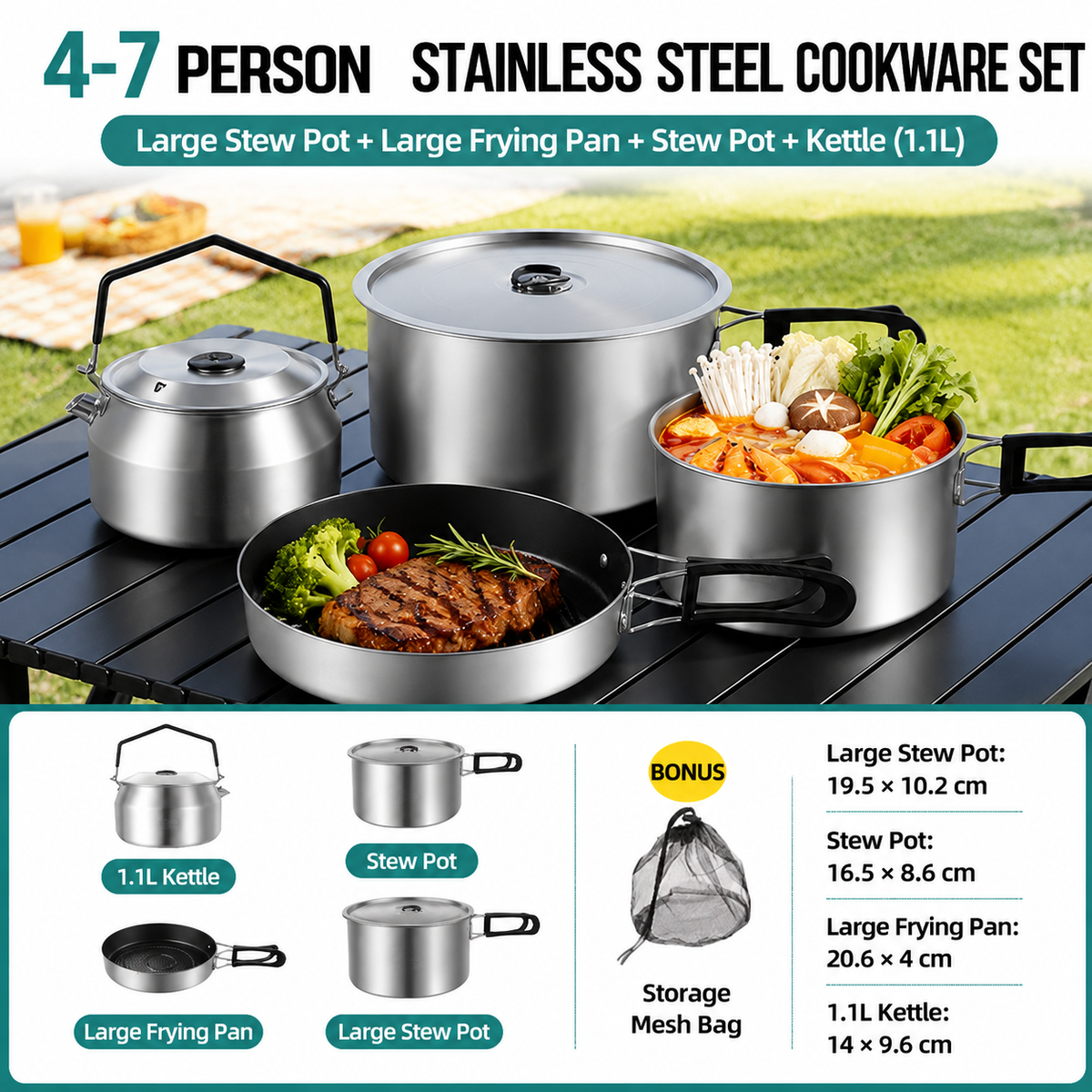 4-Piece Food Grade Stainless Steel Camping Cookware Set with 1.1L Kettle, Medium / Large Stew Pot and Large Frying Pan - Hangable and Foldable, Compact Nesting Storage, Anti Scald Wrapped Handle