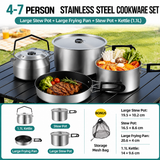 4-Piece Food Grade Stainless Steel Camping Cookware Set with 1.1L Kettle, Medium / Large Stew Pot and Large Frying Pan - Hangable and Foldable, Compact Nesting Storage, Anti Scald Wrapped Handle