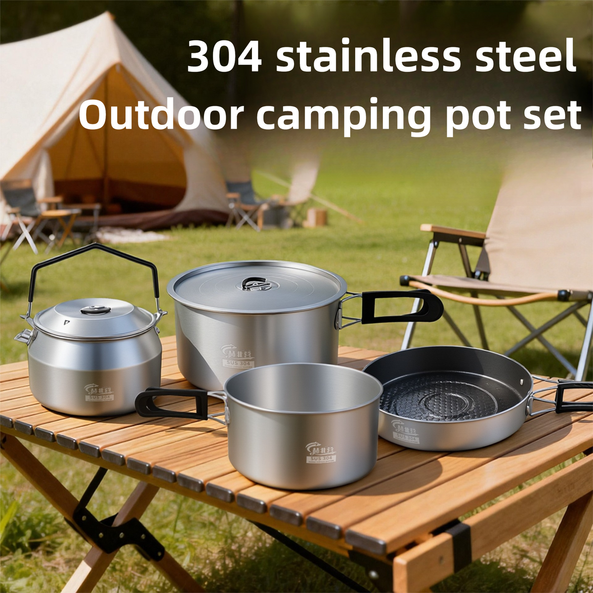 4-Piece Food Grade Stainless Steel Camping Cookware Set with 1.1L Kettle, Medium / Large Stew Pot and Large Frying Pan - Hangable and Foldable, Compact Nesting Storage, Anti Scald Wrapped Handle