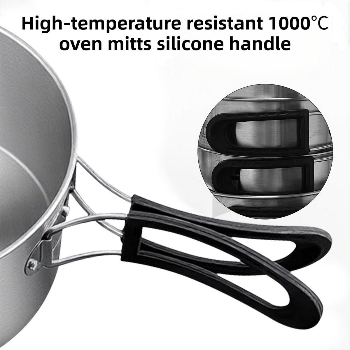 4-Piece Food Grade Stainless Steel Camping Cookware Set with 1.1L Kettle, Medium / Large Stew Pot and Large Frying Pan - Hangable and Foldable, Compact Nesting Storage, Anti Scald Wrapped Handle