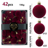 42 Piece Wine Red Flocked Christmas Baubles Set - Velvet Finish Tree Ornaments in 3 Sizes with Hanging Loops, Lightweight Festive Decorations in Gift Box