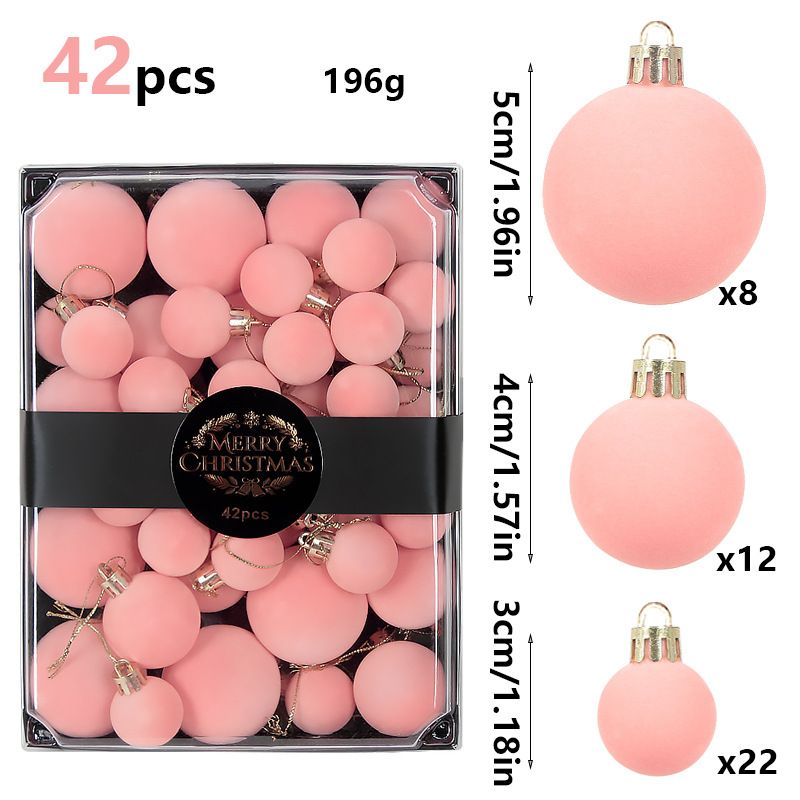 42 Piece Pink Flocked Christmas Baubles Set - Velvet Finish Tree Ornaments in 3 Sizes with Hanging Loops, Lightweight Festive Decorations in Gift Box