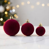 42 Piece Dark Green Flocked Christmas Baubles Set - Velvet Finish Tree Ornaments in 3 Sizes with Hanging Loops, Lightweight Festive Decorations in Gift Box