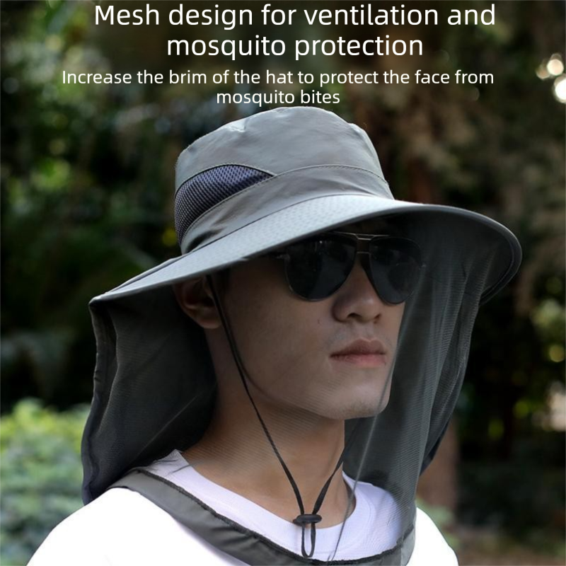 Black Sun Protection Hat with Mosquito Net - Wide Brim Bucket Hat with Neck Flap and Face Mesh, Breathable Outdoor Fishing Cap for Camping and Gardening