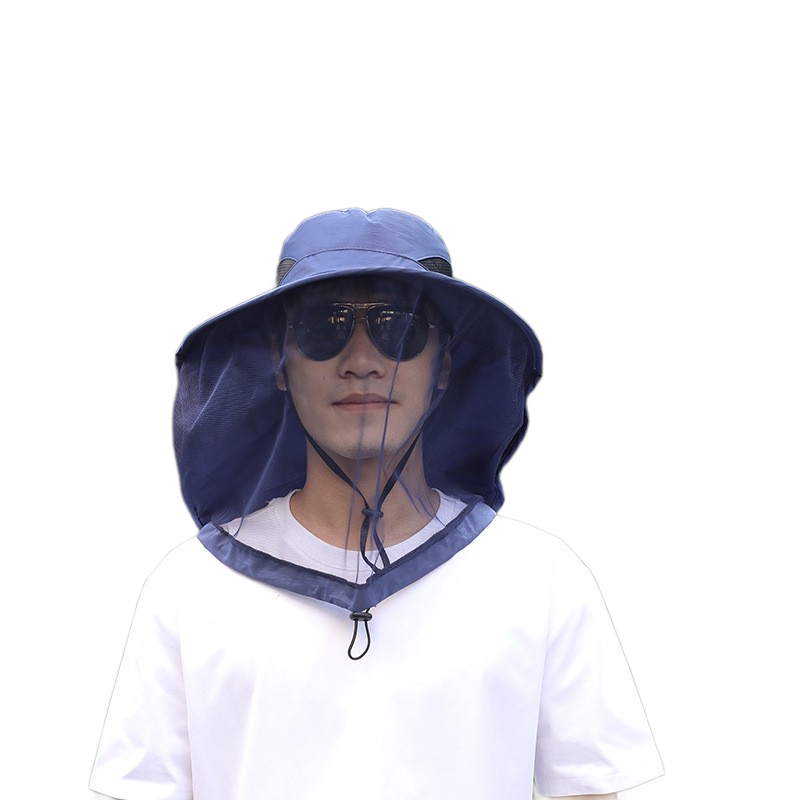 Blue Sun Protection Hat with Mosquito Net - Wide Brim Bucket Hat with Neck Flap and Face Mesh, Breathable Outdoor Fishing Cap for Camping and Gardening
