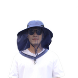 Blue Sun Protection Hat with Mosquito Net - Wide Brim Bucket Hat with Neck Flap and Face Mesh, Breathable Outdoor Fishing Cap for Camping and Gardening