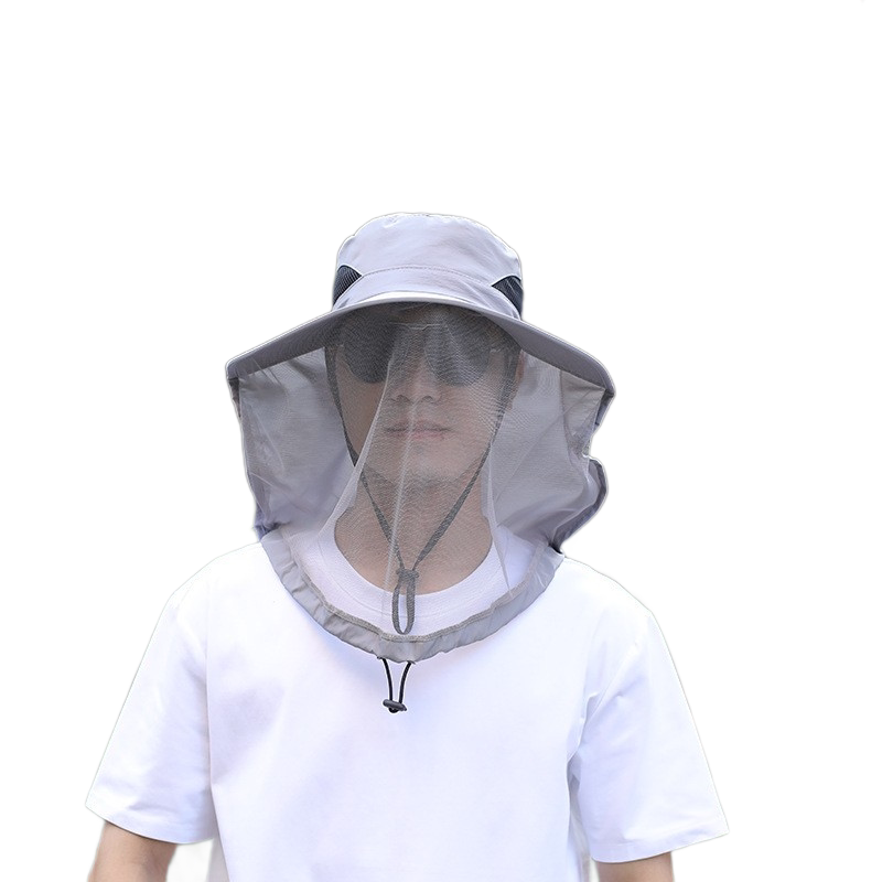 Light gray Sun Protection Hat with Mosquito Net - Wide Brim Bucket Hat with Neck Flap and Face Mesh, Breathable Outdoor Fishing Cap for Camping and Gardening