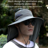 Dark gray Sun Protection Hat with Mosquito Net - Wide Brim Bucket Hat with Neck Flap and Face Mesh, Breathable Outdoor Fishing Cap for Camping and Gardening