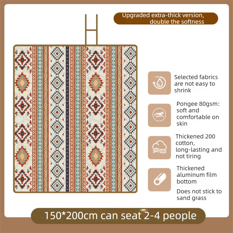 Bruneian Style Waterproof Picnic Mat - 200x150cm Extra Thick Outdoor Blanket with Carry Handle, Machine Washable Camping Ground Sheet for Beach and Park