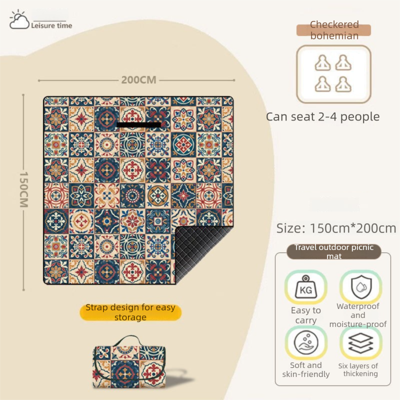 Bohemian style Waterproof Picnic Mat - 200x150cm Extra Thick Outdoor Blanket with Carry Handle, Machine Washable Camping Ground Sheet for Beach and Park