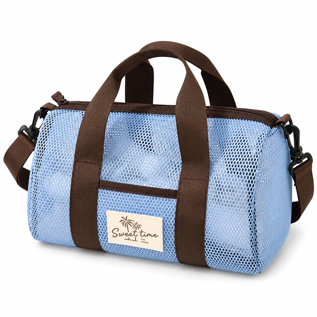 Blue Mesh Beach Travel Bag - Large Capacity Hand Carry and Crossbody Storage Bag with Adjustable Shoulder Strap, Zipper Closure and Front Pocket for Swimming, Beach and Holidays