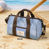 Blue Mesh Beach Travel Bag - Large Capacity Hand Carry and Crossbody Storage Bag with Adjustable Shoulder Strap, Zipper Closure and Front Pocket for Swimming, Beach and Holidays