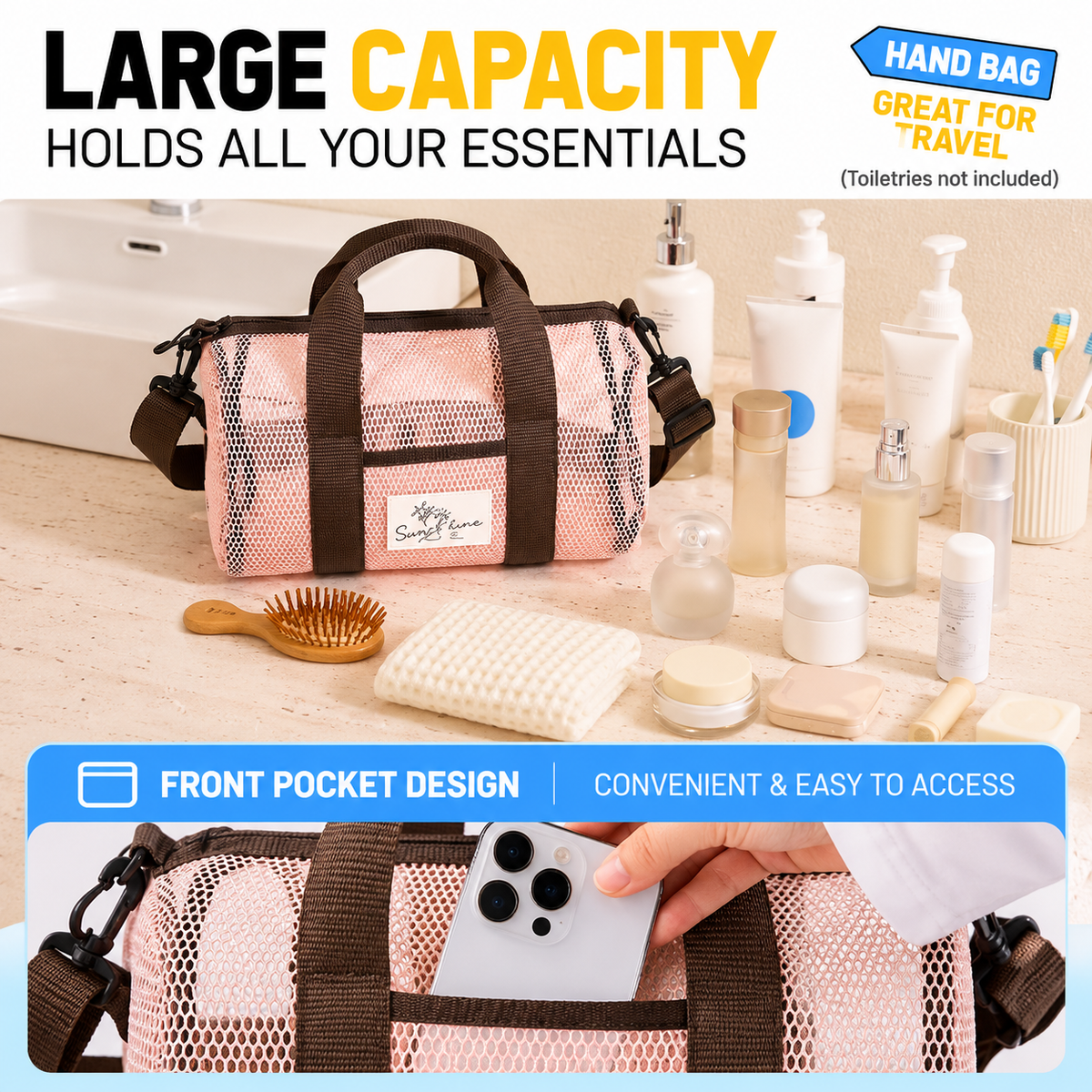 Pink Mesh Beach Travel Bag - Large Capacity Hand Carry and Crossbody Storage Bag with Adjustable Shoulder Strap, Zipper Closure and Front Pocket for Swimming, Beach and Holidays