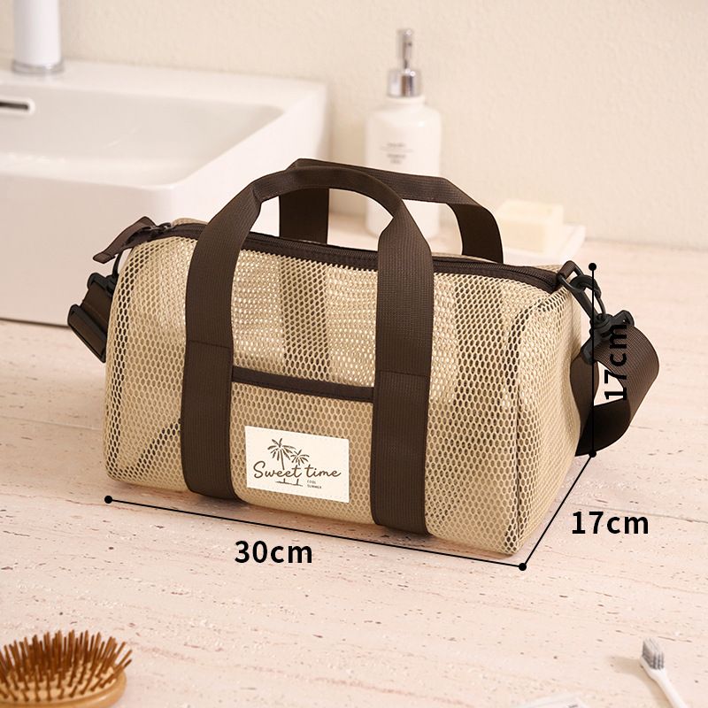 Khaki Mesh Beach Travel Bag - Large Capacity Hand Carry and Crossbody Storage Bag with Adjustable Shoulder Strap, Zipper Closure and Front Pocket for Swimming, Beach and Holidays