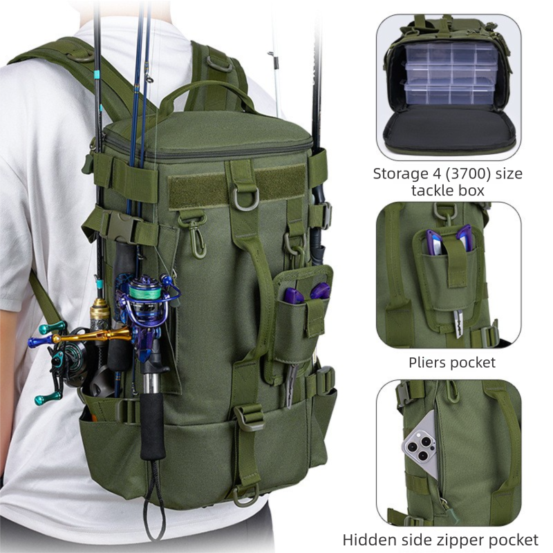 Black Fishing Tackle Backpack with Rod Holders - 43 cm Large Capacity Oxford Cloth Backpack with Multi Pockets, Adjustable Straps and Tool Storage for Fishing, Hiking and Travel