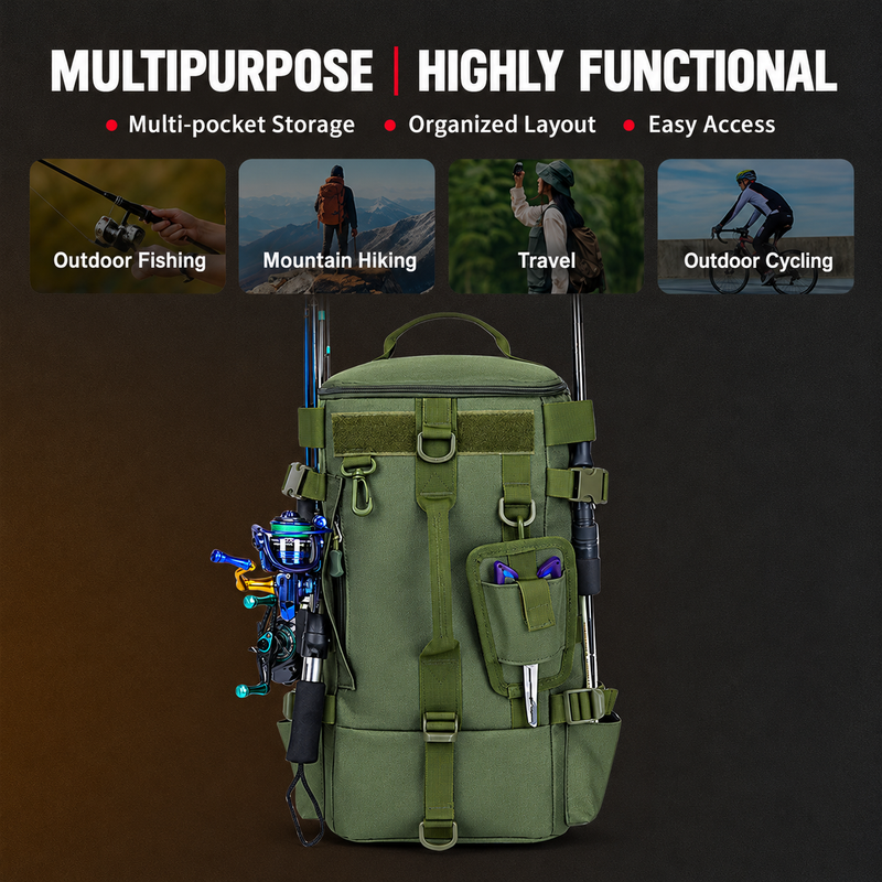 Black Fishing Tackle Backpack with Rod Holders - 43 cm Large Capacity Oxford Cloth Backpack with Multi Pockets, Adjustable Straps and Tool Storage for Fishing, Hiking and Travel