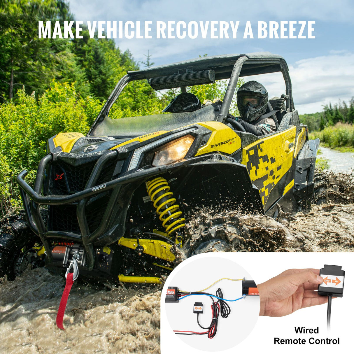 Electric Winch, 1361 kg Line Pull Capacity, 12V DC ATV/UTV Winch with Φ0.5 x 1188.7 cm 7 Strands Steel Cable Roller Fairlead Wired Remote Control, IP55 Waterproof for Towing UTV ATV Off-Road