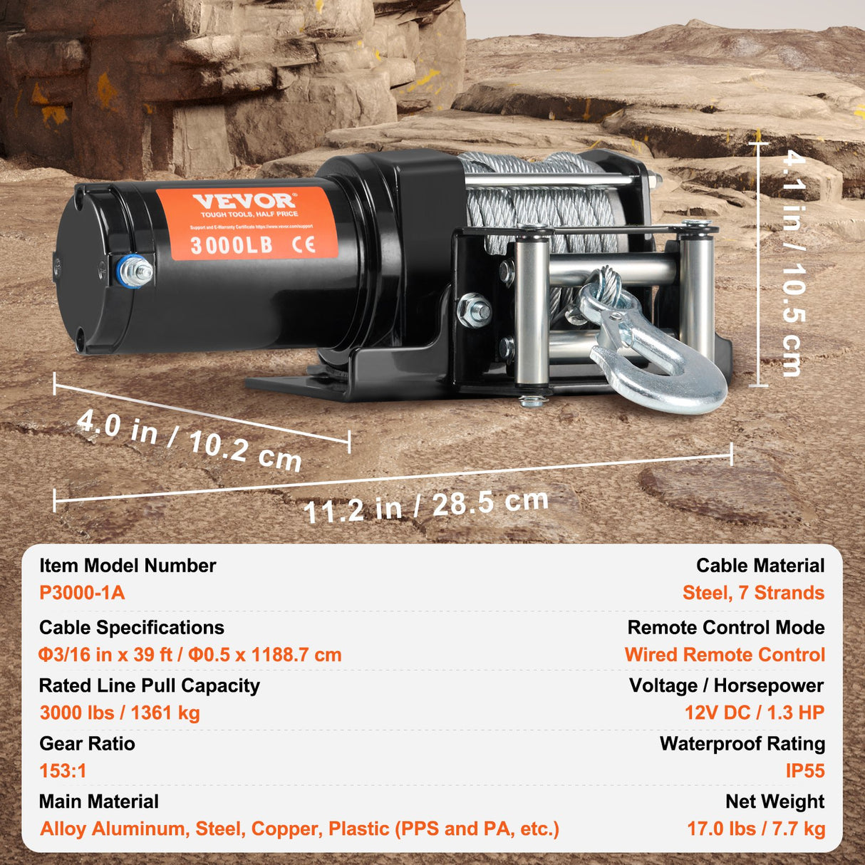 Electric Winch, 1361 kg Line Pull Capacity, 12V DC ATV/UTV Winch with Φ0.5 x 1188.7 cm 7 Strands Steel Cable Roller Fairlead Wired Remote Control, IP55 Waterproof for Towing UTV ATV Off-Road