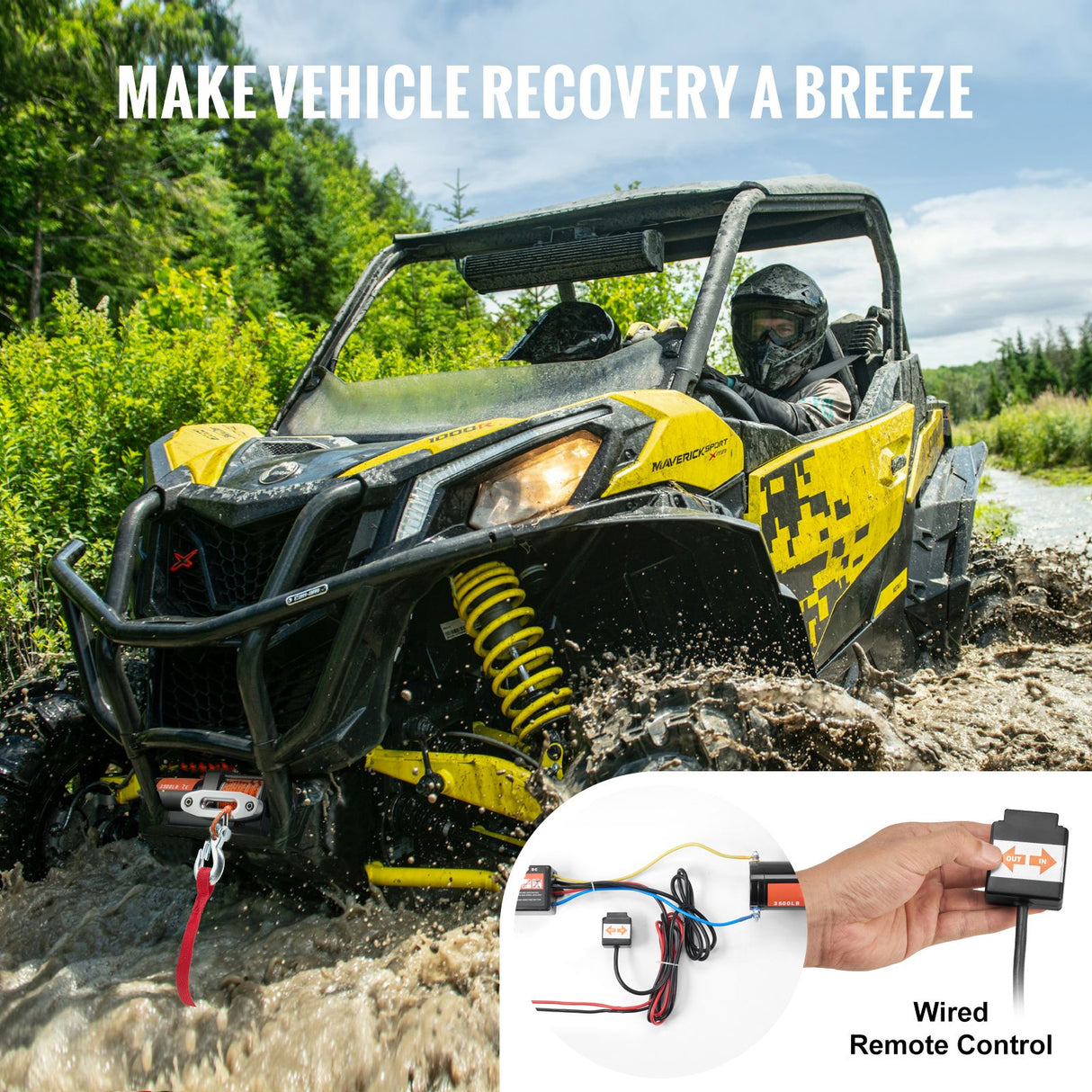 Electric Winch, 1588 kg Line Pull Capacity, 12V DC ATV Winch with Φ0.5 x 1188.7 cm 12 Strands Synthetic Rope Aluminum Fairlead Wired Remote Control, IP55 Waterproof for Towing ATV Boat