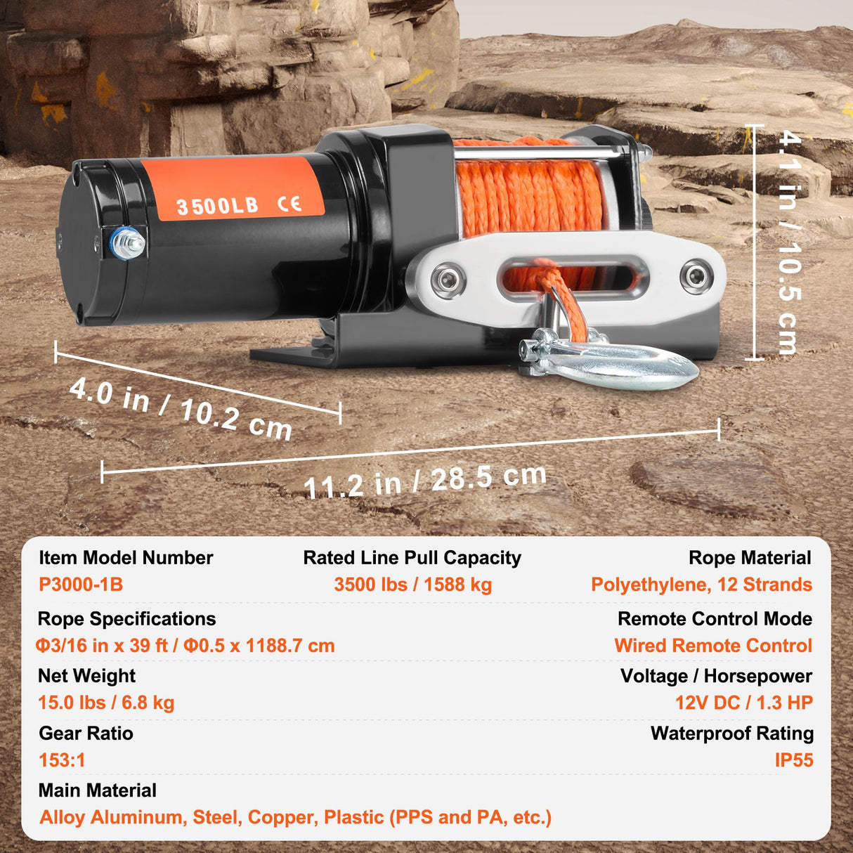 Electric Winch, 1588 kg Line Pull Capacity, 12V DC ATV Winch with Φ0.5 x 1188.7 cm 12 Strands Synthetic Rope Aluminum Fairlead Wired Remote Control, IP55 Waterproof for Towing ATV Boat
