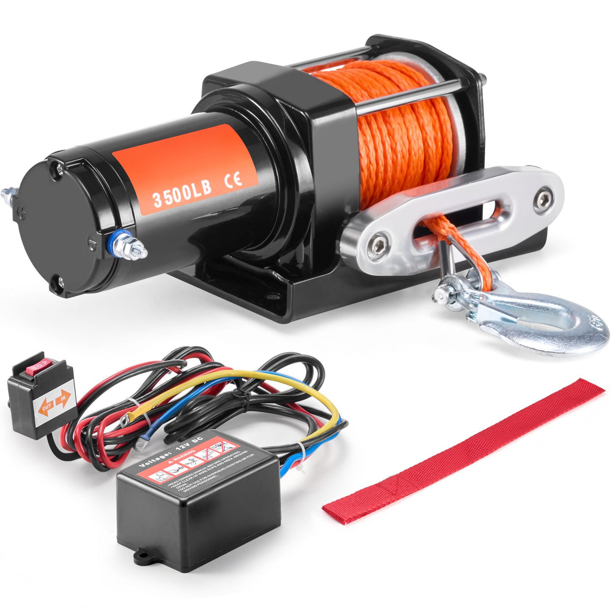 Electric Winch, 1588 kg Line Pull Capacity, 12V DC ATV Winch with Φ0.5 x 1188.7 cm 12 Strands Synthetic Rope Aluminum Fairlead Wired Remote Control, IP55 Waterproof for Towing ATV Boat