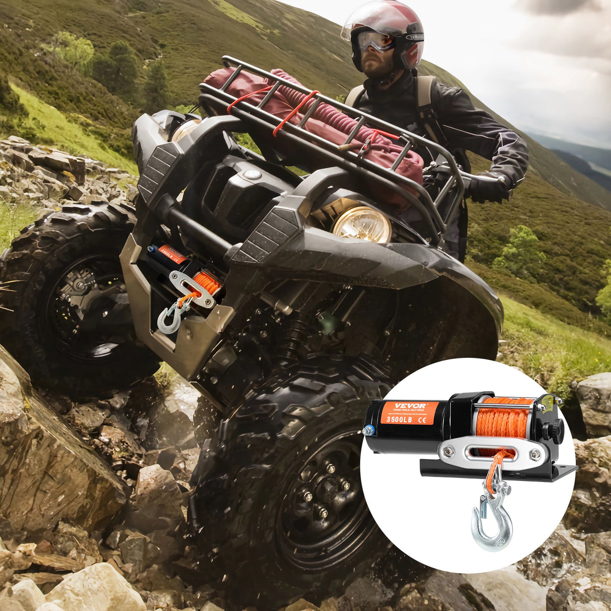 Electric Winch, 1588 kg Line Pull Capacity, 12V DC ATV Winch with Φ0.5 x 1188.7 cm 12 Strands Synthetic Rope Aluminum Fairlead Wired Remote Control, IP55 Waterproof for Towing ATV Boat