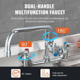 Commercial Faucet with Pre-Rinse Sprayer, 21" Height, 8" Center, 12" Swing Spout, Wall Mount Kitchen Sink Faucet, Brass Constructed Device with Pull Down Spray, for 1/2/3 Compartment Sink
