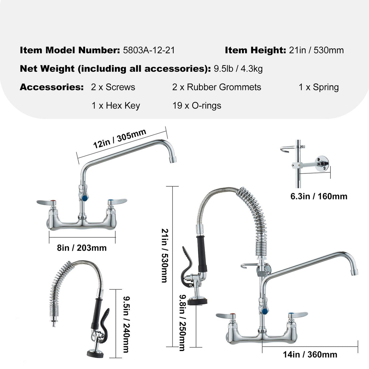 Commercial Faucet with Pre-Rinse Sprayer, 21" Height, 8" Center, 12" Swing Spout, Wall Mount Kitchen Sink Faucet, Brass Constructed Device with Pull Down Spray, for 1/2/3 Compartment Sink