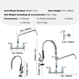 Commercial Faucet with Pre-Rinse Sprayer, 21" Height, 8" Center, 12" Swing Spout, Wall Mount Kitchen Sink Faucet, Brass Constructed Device with Pull Down Spray, for 1/2/3 Compartment Sink