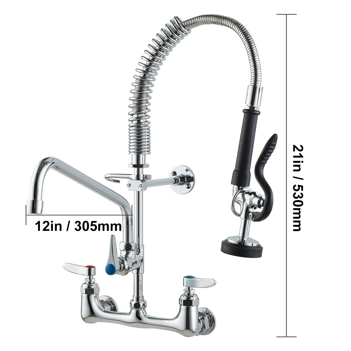 Commercial Faucet with Pre-Rinse Sprayer, 21" Height, 8" Center, 12" Swing Spout, Wall Mount Kitchen Sink Faucet, Brass Constructed Device with Pull Down Spray, for 1/2/3 Compartment Sink