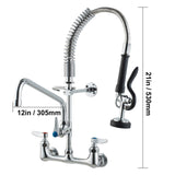 Commercial Faucet with Pre-Rinse Sprayer, 21" Height, 8" Center, 12" Swing Spout, Wall Mount Kitchen Sink Faucet, Brass Constructed Device with Pull Down Spray, for 1/2/3 Compartment Sink