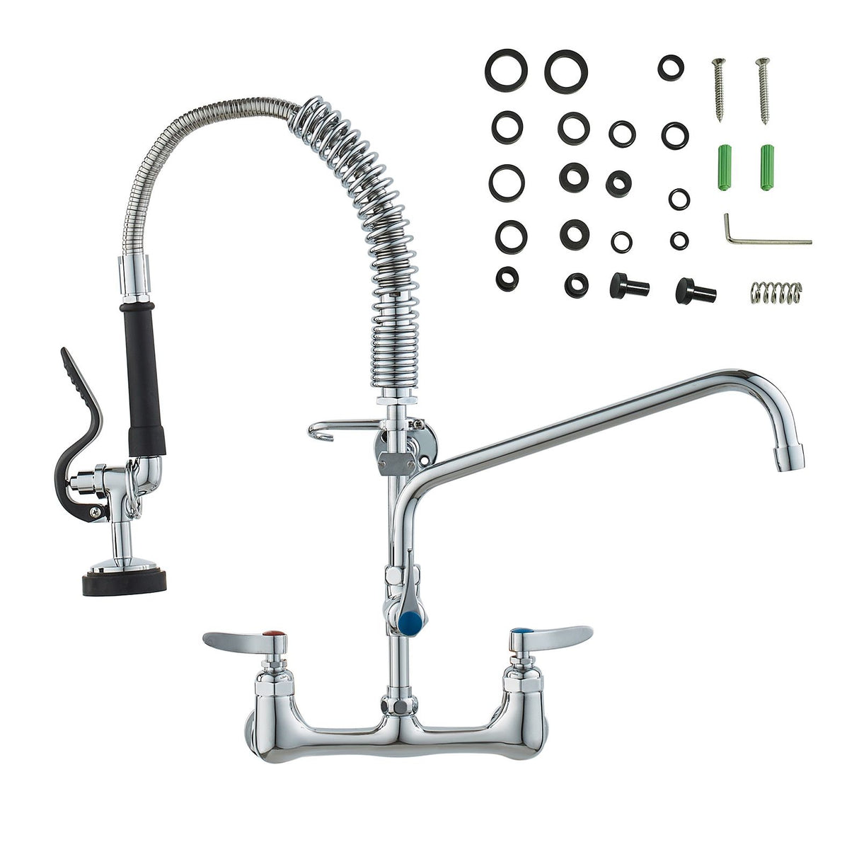 Commercial Faucet with Pre-Rinse Sprayer, 21" Height, 8" Center, 12" Swing Spout, Wall Mount Kitchen Sink Faucet, Brass Constructed Device with Pull Down Spray, for 1/2/3 Compartment Sink