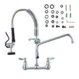 Commercial Faucet with Pre-Rinse Sprayer, 21" Height, 8" Center, 12" Swing Spout, Wall Mount Kitchen Sink Faucet, Brass Constructed Device with Pull Down Spray, for 1/2/3 Compartment Sink
