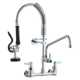 Commercial Faucet with Pre-Rinse Sprayer, 21" Height, 8" Center, 12" Swing Spout, Wall Mount Kitchen Sink Faucet, Brass Constructed Device with Pull Down Spray, for 1/2/3 Compartment Sink