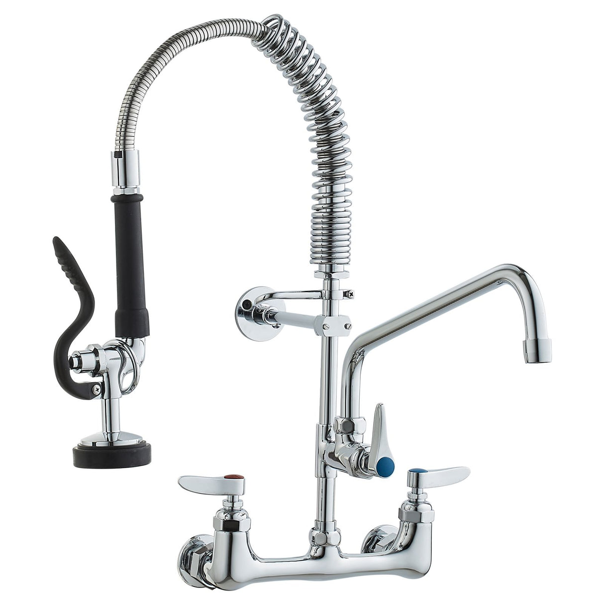 Commercial Faucet with Pre-Rinse Sprayer, 21" Height, 8" Center, 12" Swing Spout, Wall Mount Kitchen Sink Faucet, Brass Constructed Device with Pull Down Spray, for 1/2/3 Compartment Sink