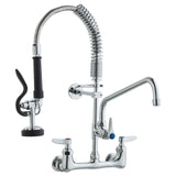 Commercial Faucet with Pre-Rinse Sprayer, 21" Height, 8" Center, 12" Swing Spout, Wall Mount Kitchen Sink Faucet, Brass Constructed Device with Pull Down Spray, for 1/2/3 Compartment Sink