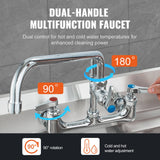 Commercial Faucet with Pre-Rinse Sprayer, 21" Height, 8" Center, 12" Swing Spout, Wall Mount Kitchen Sink Faucet, Brass Constructed Device with Pull Down Spray, for 1/2/3 Compartment Sink