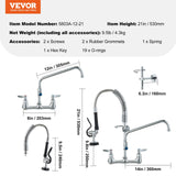 Commercial Faucet with Pre-Rinse Sprayer, 21" Height, 8" Center, 12" Swing Spout, Wall Mount Kitchen Sink Faucet, Brass Constructed Device with Pull Down Spray, for 1/2/3 Compartment Sink