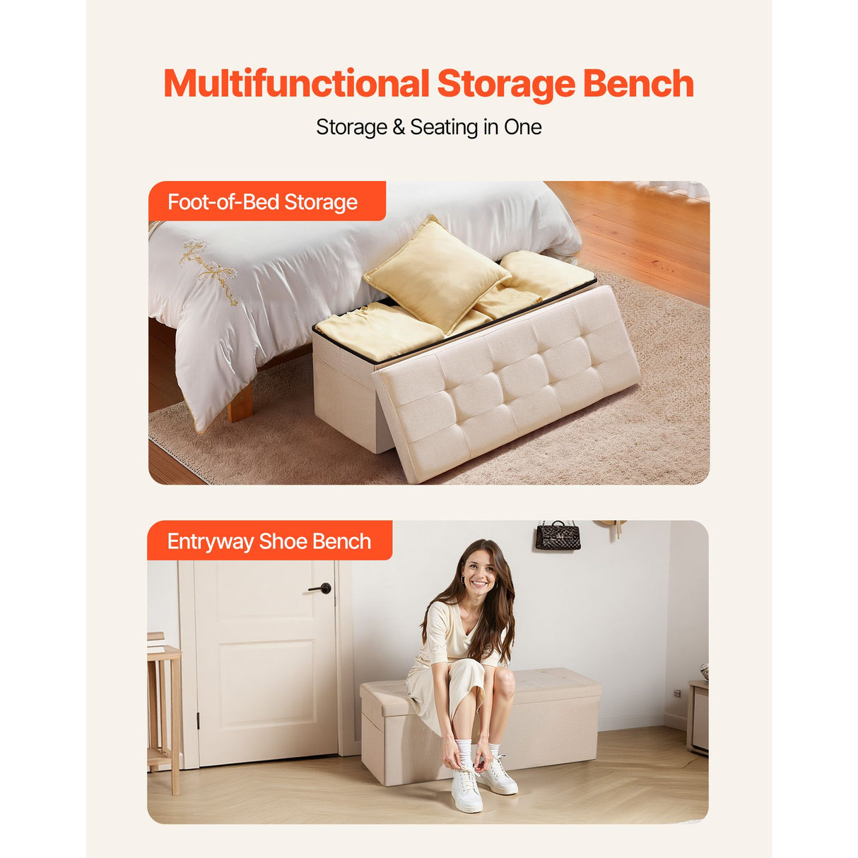 Foldable Storage Ottoman Bench, End of Bed Bench with Side Bags, Folding Upholstered Storage Chest Supports 660 lbs, Linen Bed Ottoman with Large Space for Living Room, Bedroom, Entryway, Beige