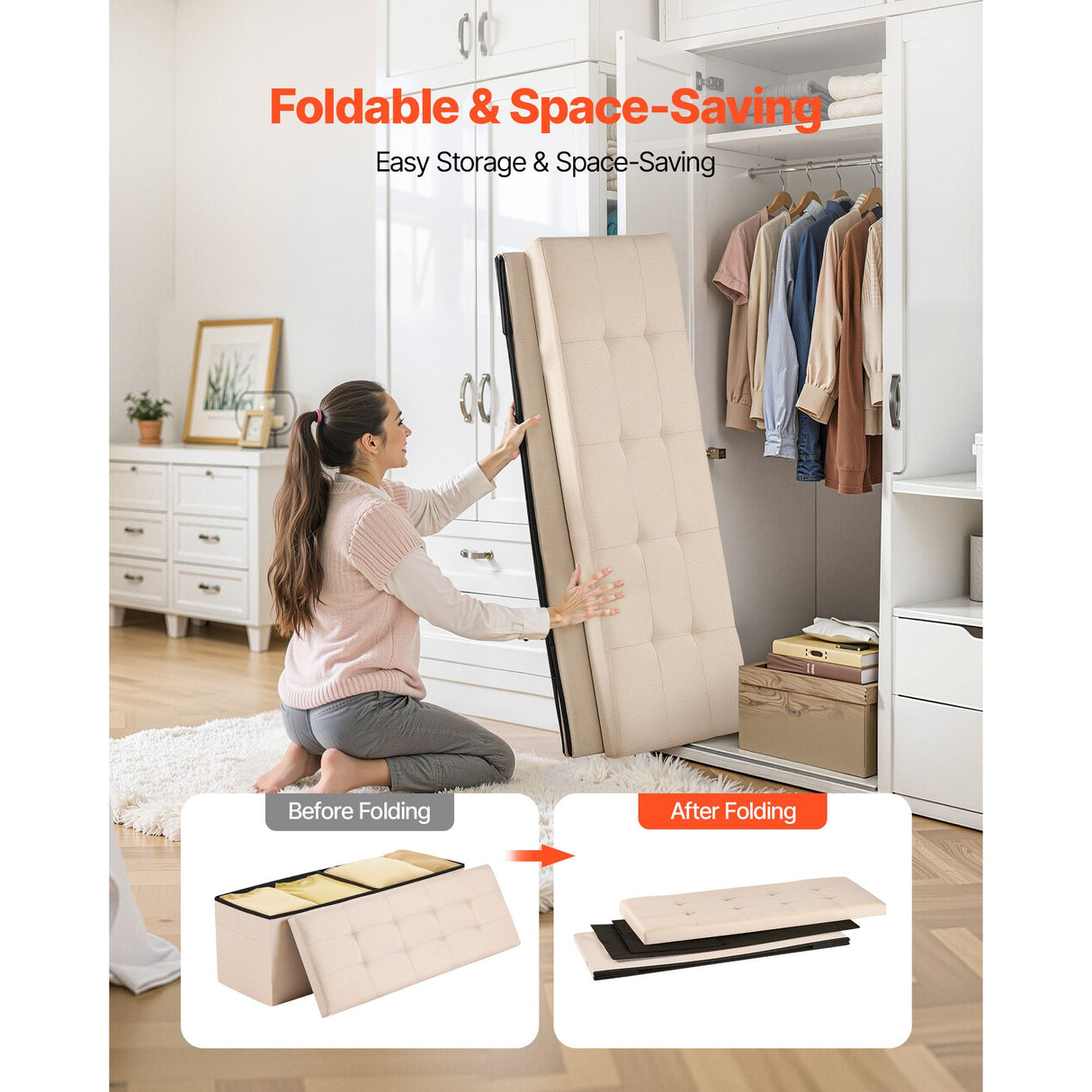 Foldable Storage Ottoman Bench, End of Bed Bench with Side Bags, Folding Upholstered Storage Chest Supports 660 lbs, Linen Bed Ottoman with Large Space for Living Room, Bedroom, Entryway, Beige