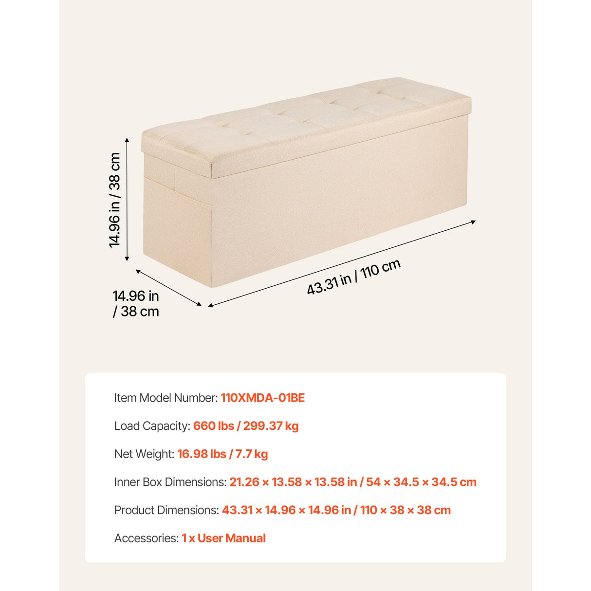 Foldable Storage Ottoman Bench, End of Bed Bench with Side Bags, Folding Upholstered Storage Chest Supports 660 lbs, Linen Bed Ottoman with Large Space for Living Room, Bedroom, Entryway, Beige