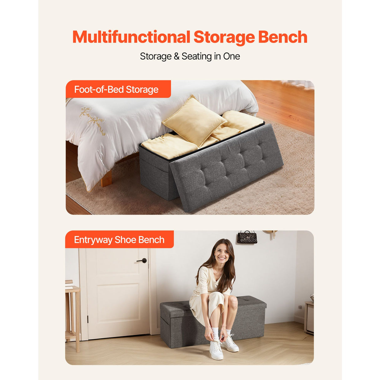 Foldable Storage Ottoman Bench, End of Bed Bench with Side Bags, Folding Upholstered Storage Chest Supports 660 lbs, Linen Bed Ottoman with Large Space for Living Room, Bedroom, Entryway, Grey