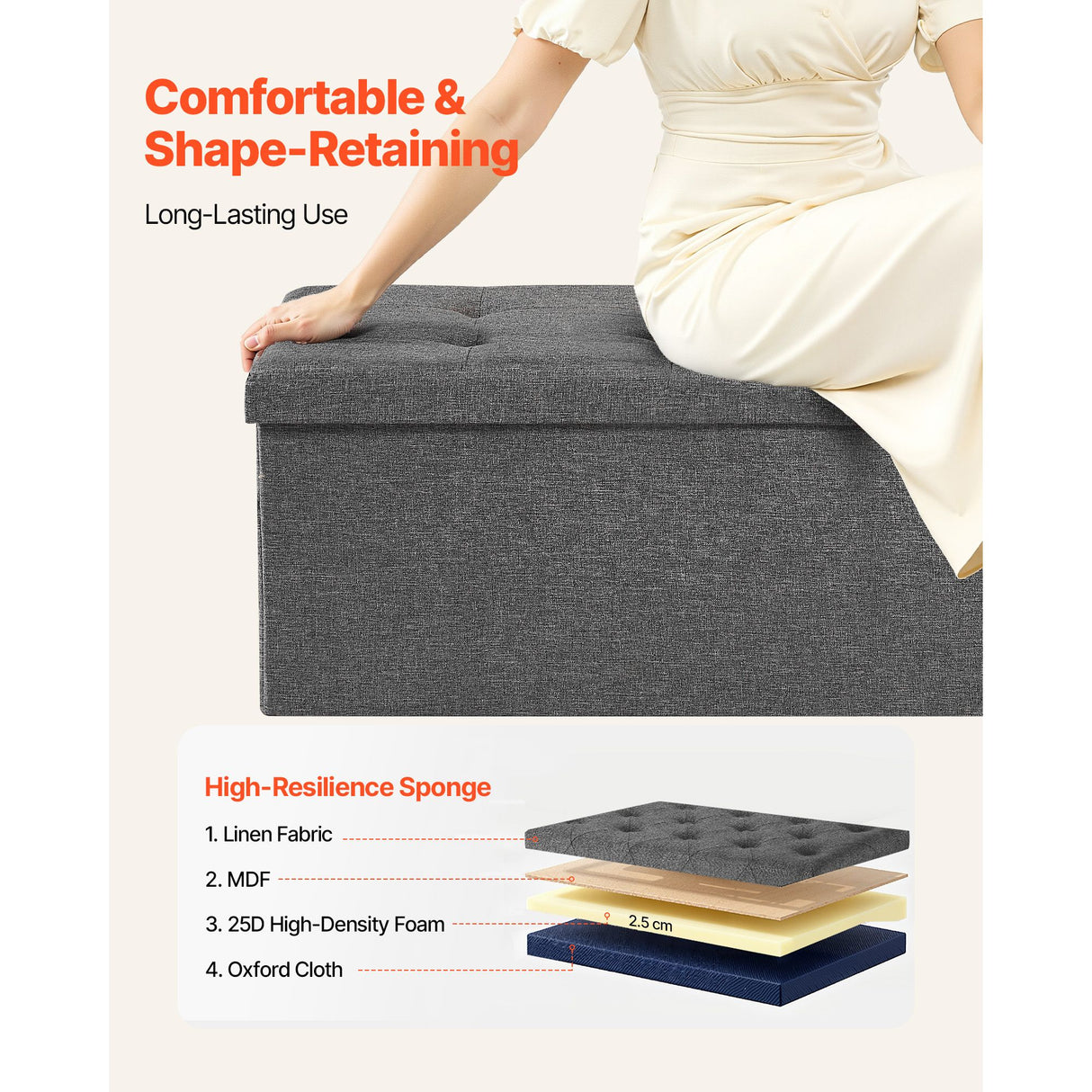 Foldable Storage Ottoman Bench, End of Bed Bench with Side Bags, Folding Upholstered Storage Chest Supports 660 lbs, Linen Bed Ottoman with Large Space for Living Room, Bedroom, Entryway, Grey