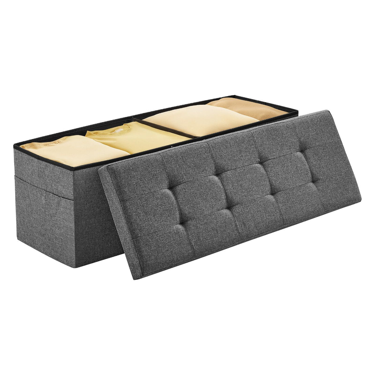 Foldable Storage Ottoman Bench, End of Bed Bench with Side Bags, Folding Upholstered Storage Chest Supports 660 lbs, Linen Bed Ottoman with Large Space for Living Room, Bedroom, Entryway, Grey