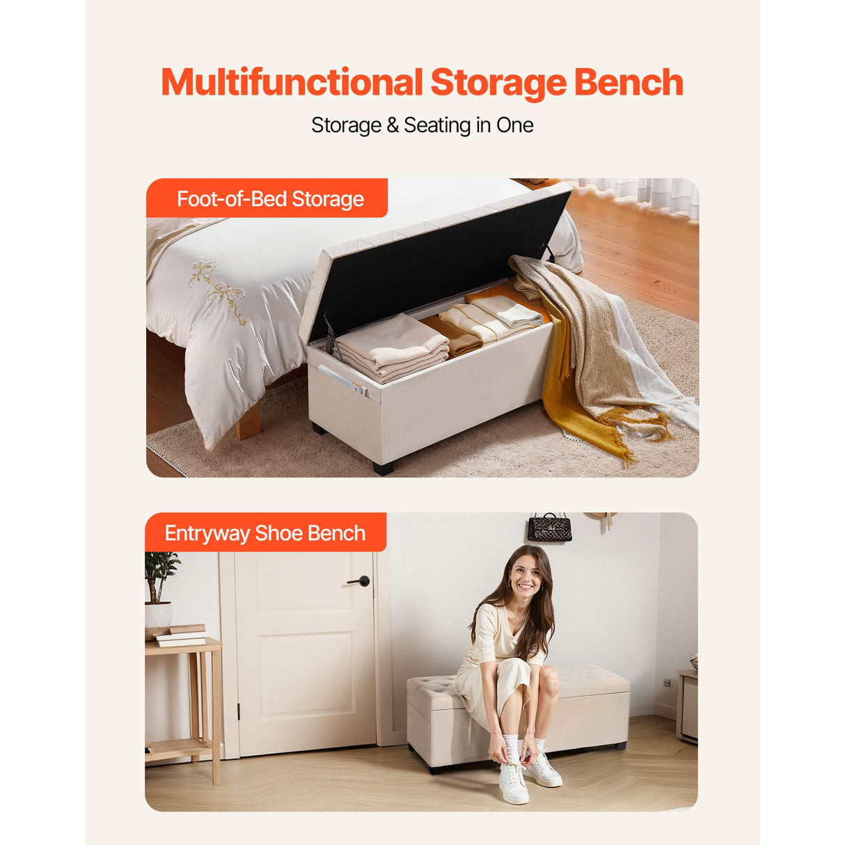 VEVOR Storage Ottoman Bench, Button-Tufted End