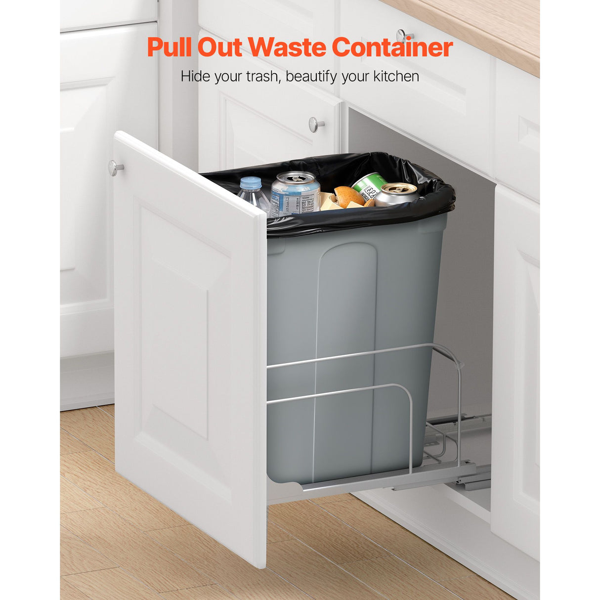 Pullout Trash Can for Kitchen Cabinets, Garbage Waste Recycling Bin, Under Mount Waste Container, with Heavy Duty Metal Soft Close Sliding System and Door Kit, for Sink, Under Counter