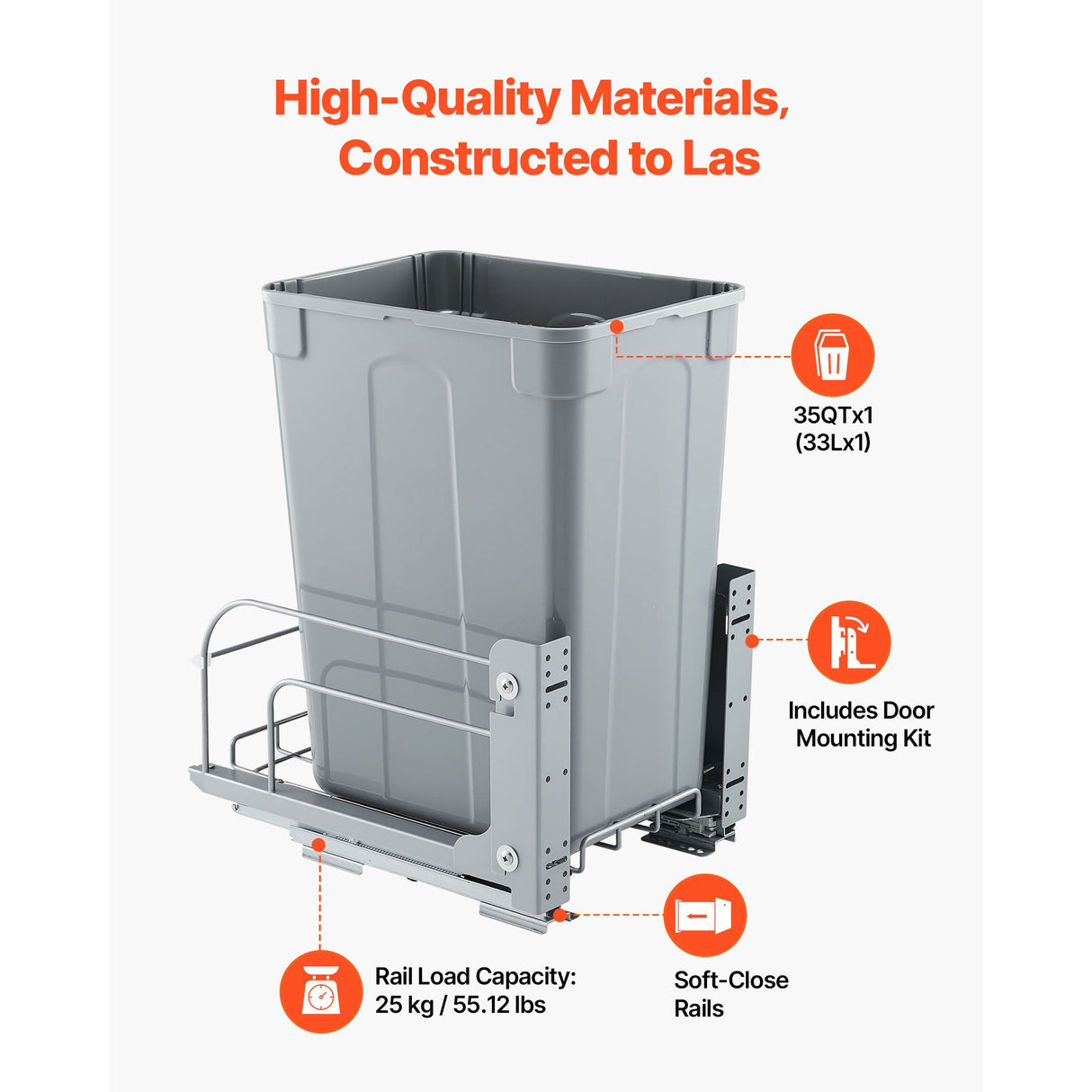 Pullout Trash Can for Kitchen Cabinets, Garbage Waste Recycling Bin, Under Mount Waste Container, with Heavy Duty Metal Soft Close Sliding System and Door Kit, for Sink, Under Counter