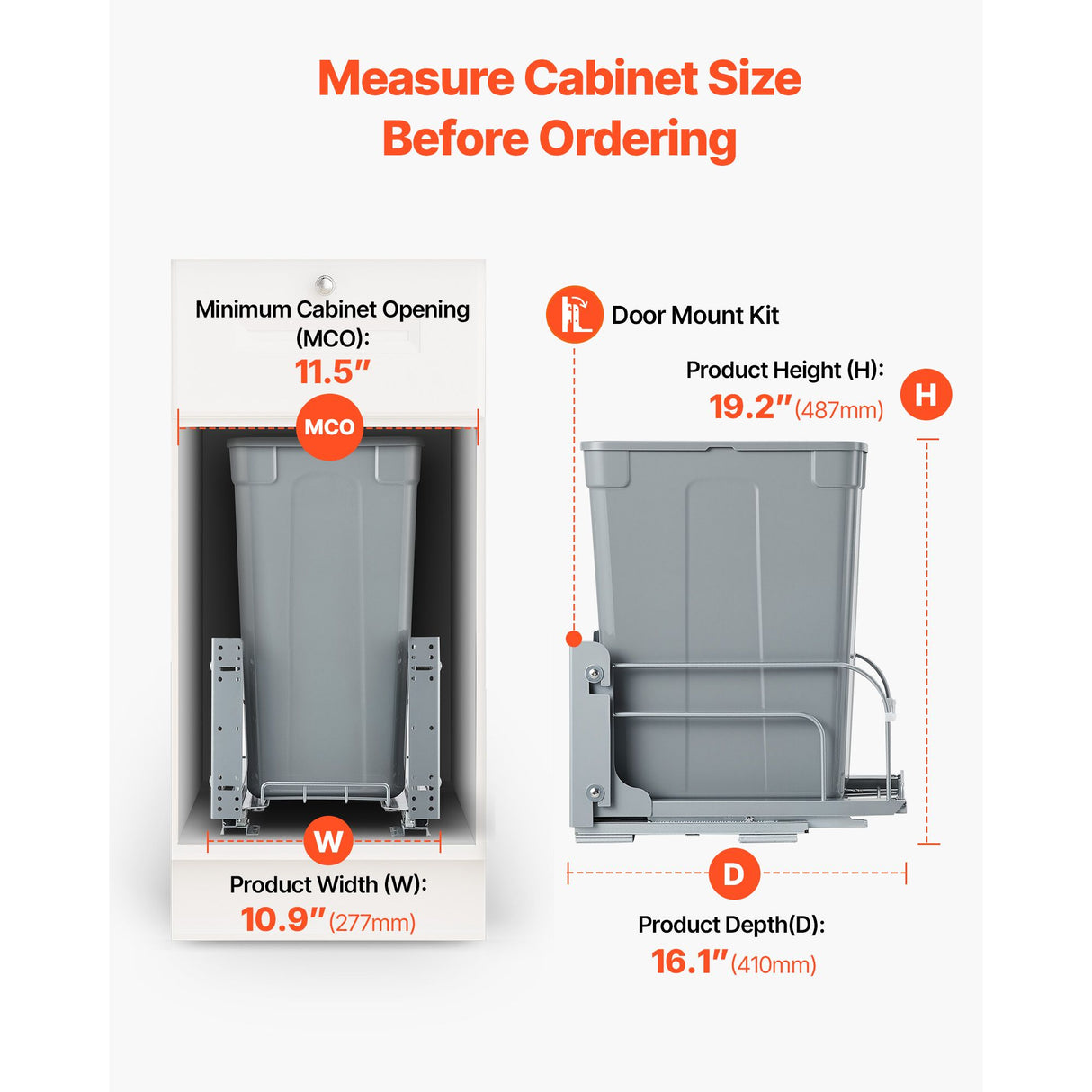 Pullout Trash Can for Kitchen Cabinets, Garbage Waste Recycling Bin, Under Mount Waste Container, with Heavy Duty Metal Soft Close Sliding System and Door Kit, for Sink, Under Counter